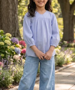 SPARK Branded Kids Pinstripe Puff Sleeve Fusion Top