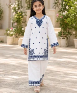 Navy Thread Work White Embroidered Two Piece Set