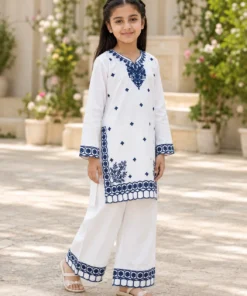 Alternative view of Navy Thread Work White Embroidered Two Piece Set
